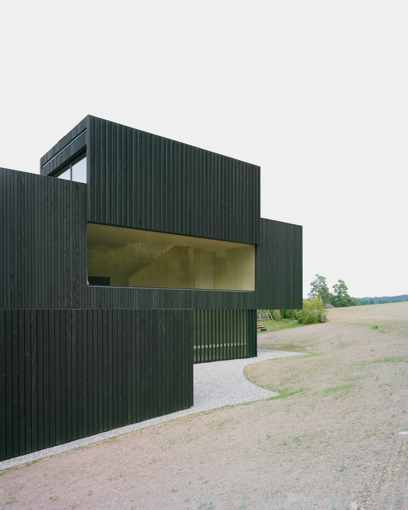 Dark green vertical timber facade with large yellow-tinted glazed opening above a gravel drive