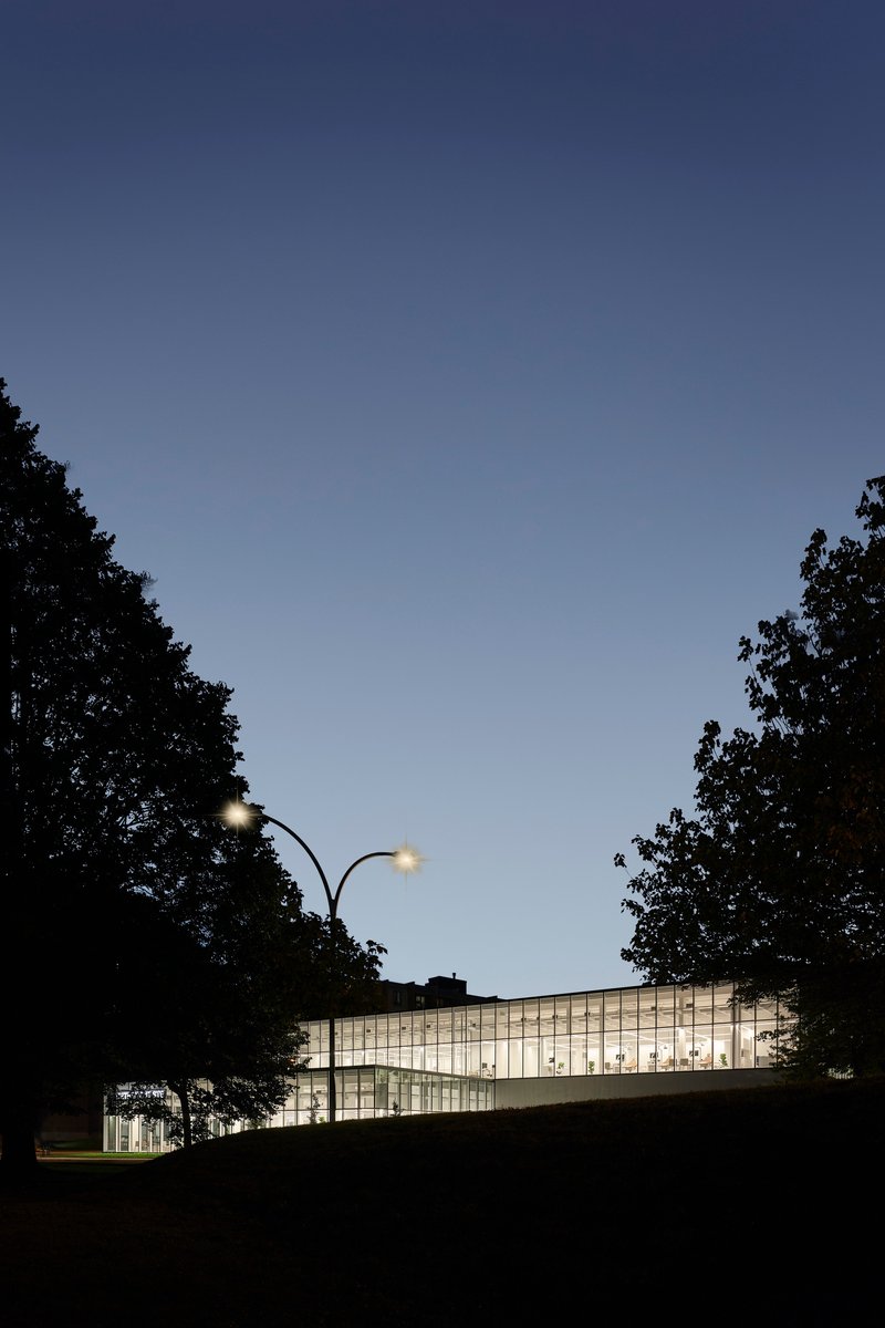 Illuminated glass volume seen at dusk between silhouetted trees and a streetlamp
