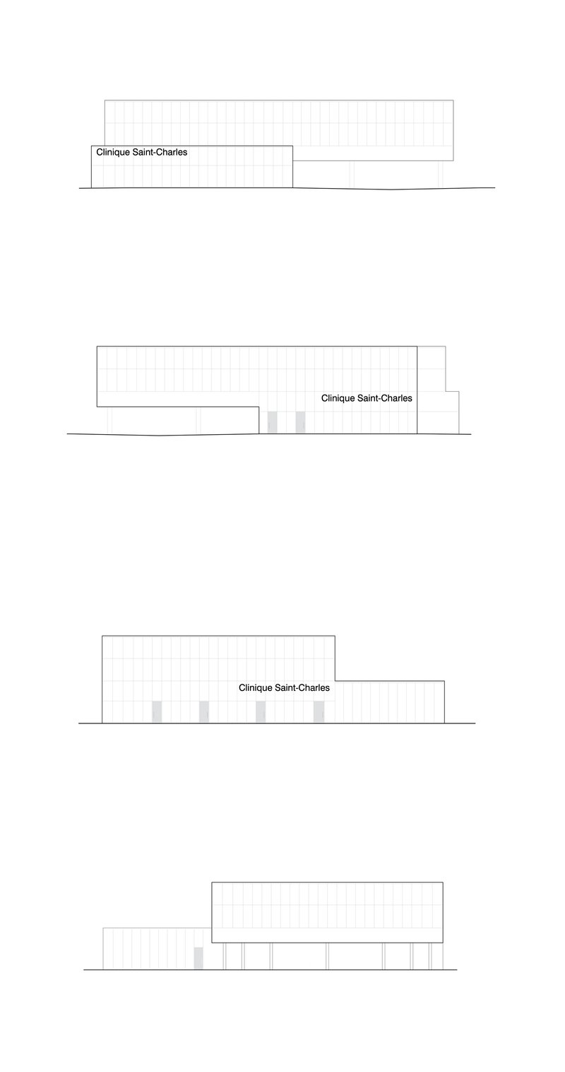 Elevation drawings showing four views of a low-rise building with gridded facade and recessed entrance