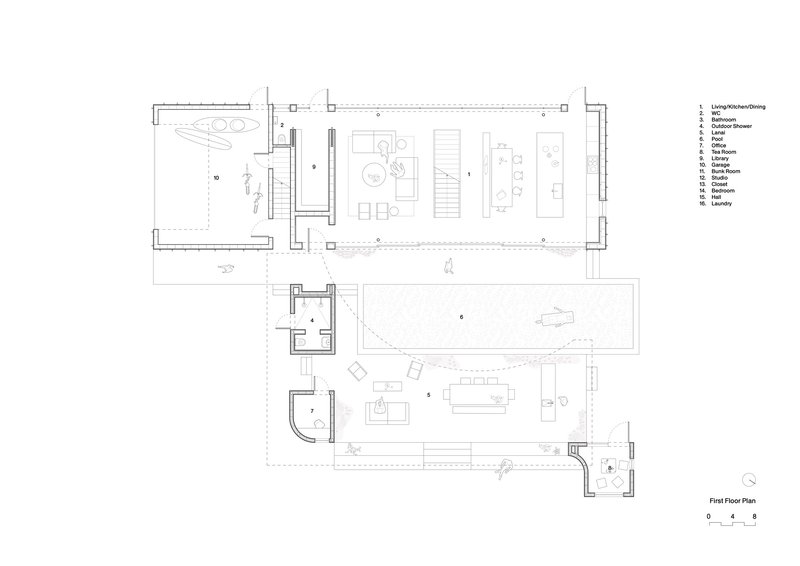 First floor plan drawing showing an L-shaped layout with open living spaces and an exterior terrace