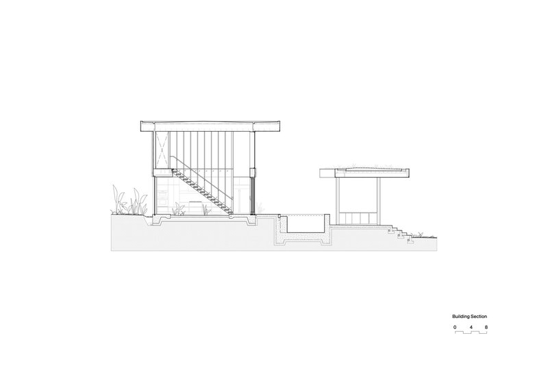 Building section drawing depicting a two-story volume with an open staircase and planted ground level