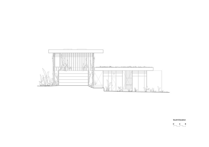 South elevation drawing showing the two-story facade with timber screens and planted ground plane