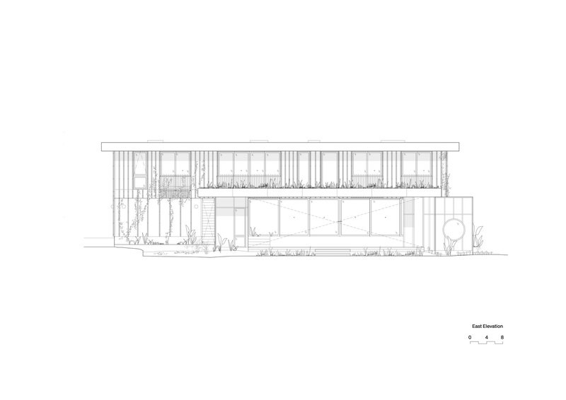 East elevation drawing showing the full two-story facade with vertical timber louvers and ground floor glazing