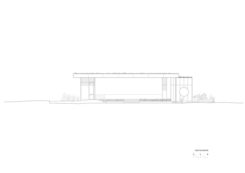 East elevation drawing showing a horizontal volume with flat roof and vertical circulation tower with circular element