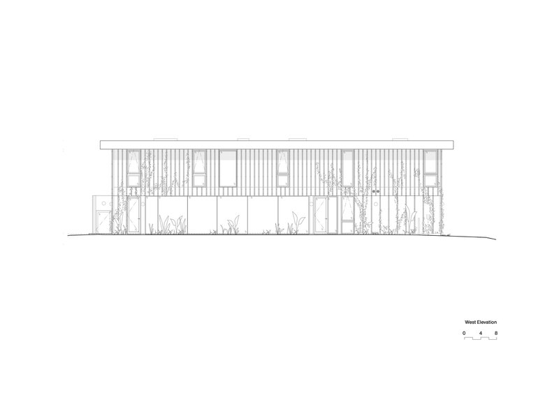 West elevation drawing depicting a facade with vertical timber slats and planted vegetation between solid panels