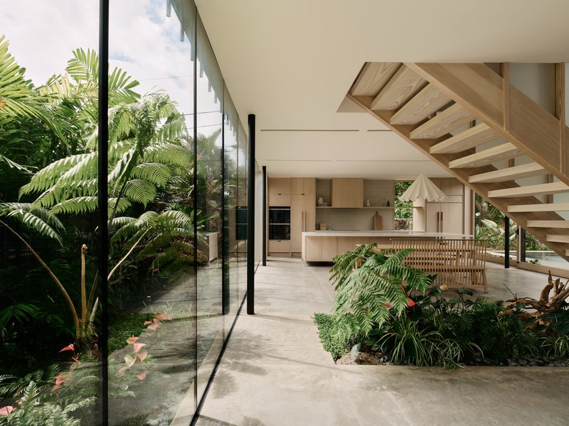 Open-plan kitchen and dining area with internal planted courtyard and timber staircase overhead