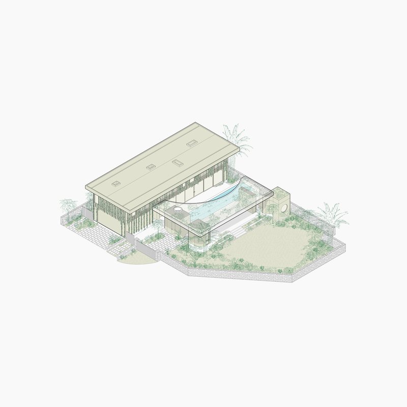 Axonometric drawing showing a flat-roofed structure with pool and planted courtyard on a pentagonal site
