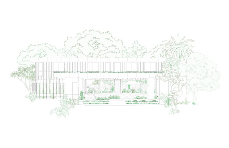Elevation drawing depicting the slat-screened facade with courtyard and surrounding tropical vegetation