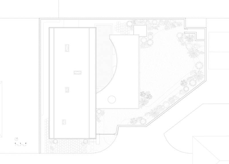 Site plan drawing showing the building footprint with pool and landscaped perimeter planting