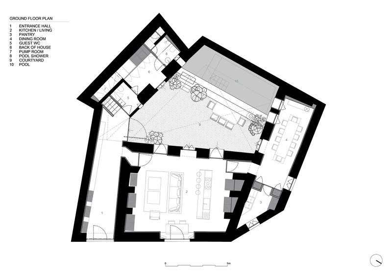 Ground floor plan drawing showing an irregular pentagonal footprint with entrance hall, living spaces and courtyard pool
