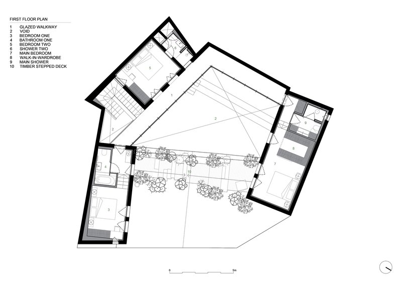 First floor plan drawing showing bedrooms, walkway and timber stepped deck with planted edge