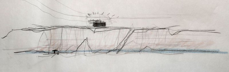 Sketch of a horizontal structure with curved roof canopy extending over terraced levels