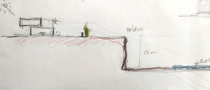 Detail sketch showing a bench and tree on a raised terrace edge with dimension annotations