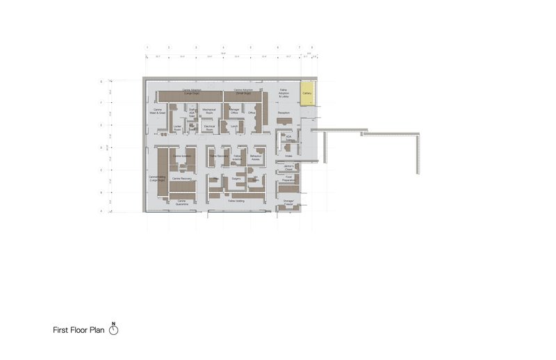 First floor plan drawing illustrating a cluster of rooms with an offset rectangular annex