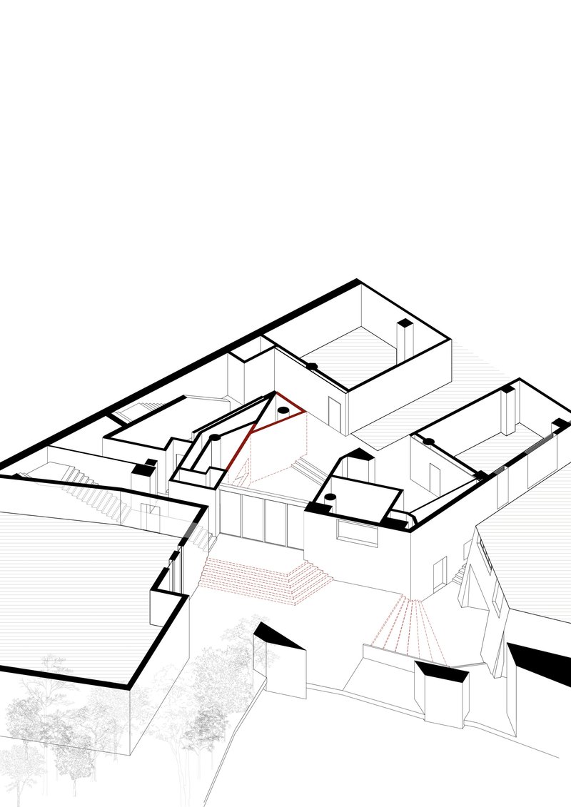 Axonometric drawing showing interconnected interior volumes with courtyards and angular roofs