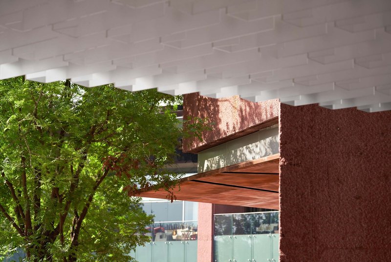 Upward view of white coffered ceiling panel grid with green tree canopy and red walls