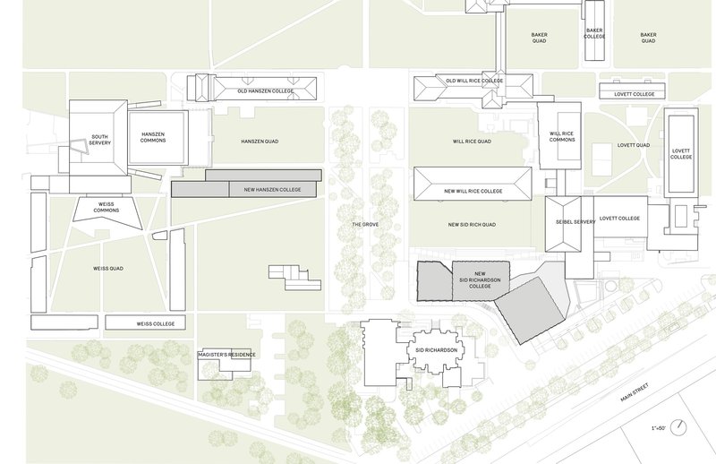 Site plan drawing showing multiple college buildings arranged around quadrangles and a central tree-lined grove