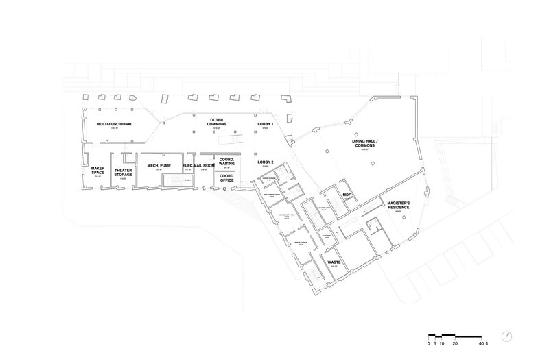 Ground floor plan drawing showing lobby spaces, mechanical rooms, and an angled residential wing