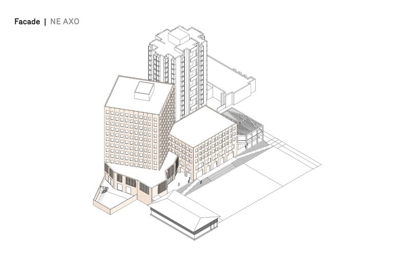 Axonometric drawing revealing a curved corner podium entry with vertical fenestration beneath two residential towers