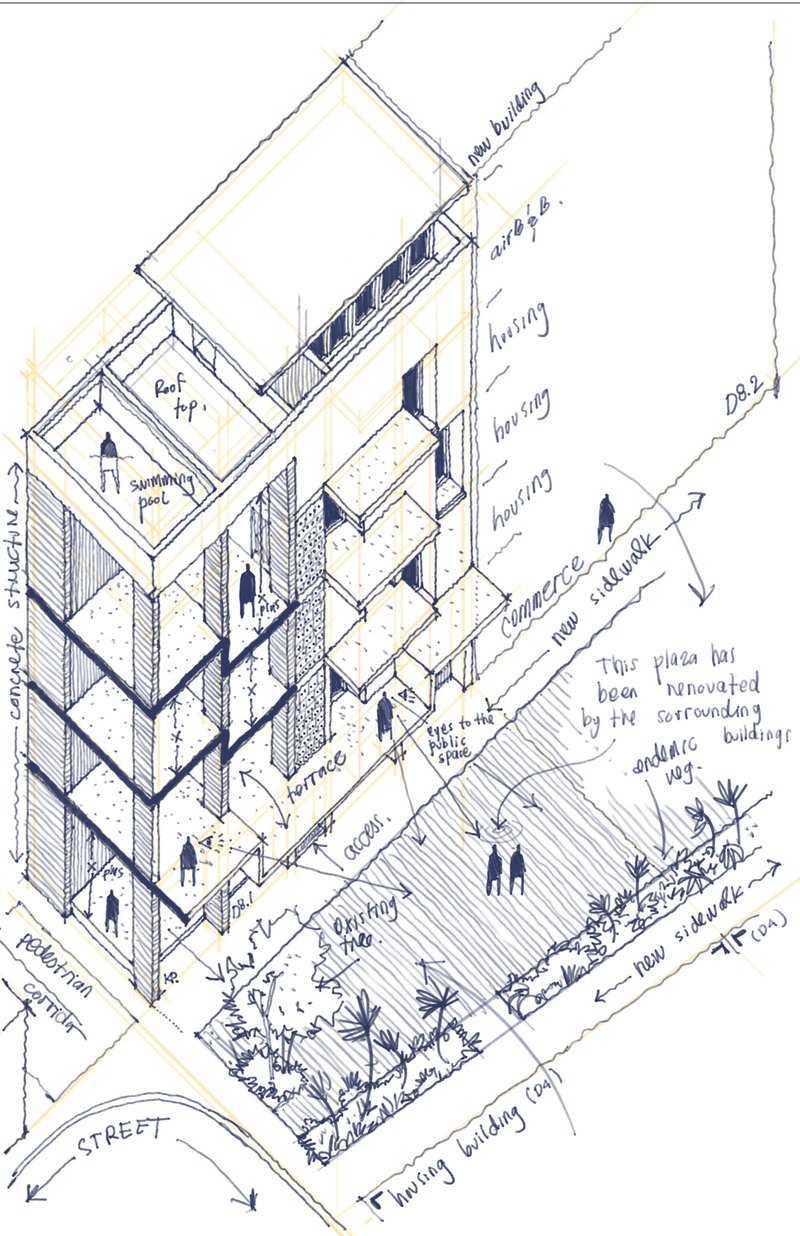 Axonometric sketch with handwritten annotations showing housing units arranged around a shared terrace and rooftop garden