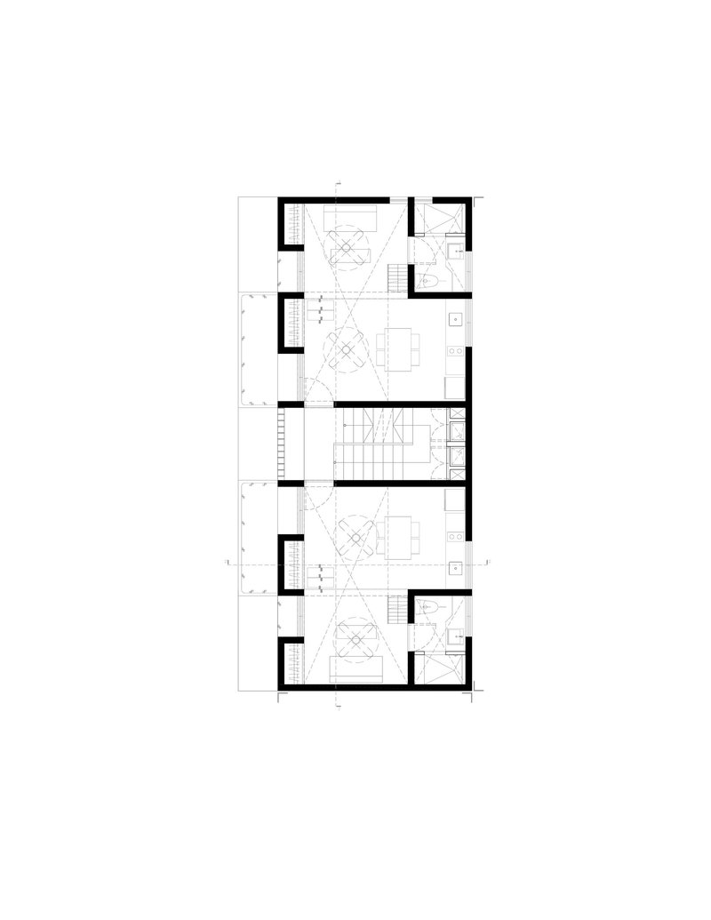 Floor plan drawing depicting three-level dwelling with central circulation spine and flanking rooms