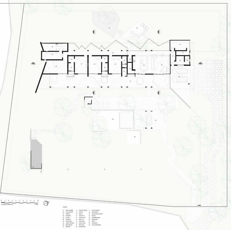 Floor plan drawing showing linear arrangement of rooms with sawtooth roof and pool courtyard below