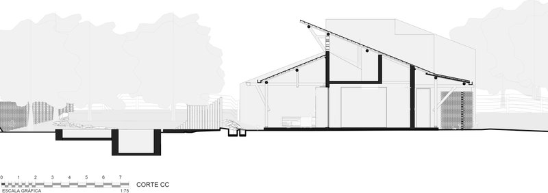 Section drawing revealing sloped roof structure with clerestory windows and surrounding trees