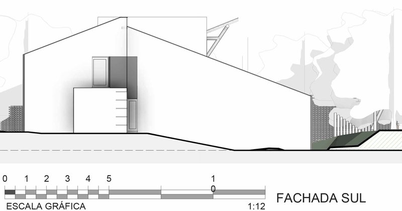 South elevation drawing depicting low-slung forms with brick base and sloping terrain