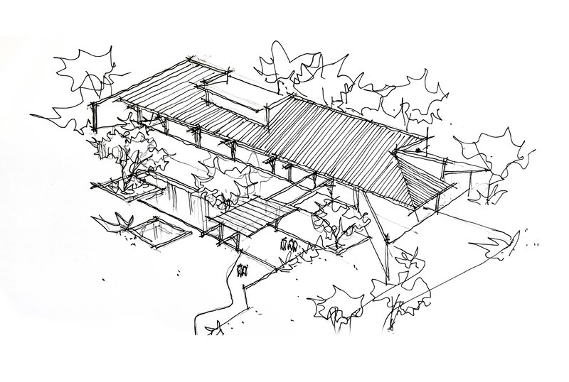 Axonometric sketch showing pitched roof pavilions surrounded by trees and landscape