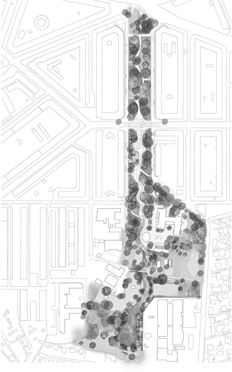 Site plan showing a linear park corridor with tree canopies and pathways winding between urban blocks