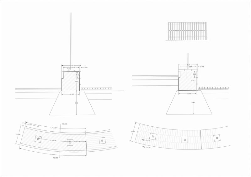 Section and plan drawings showing the curved roof structure with foundation footings and dimensional annotations