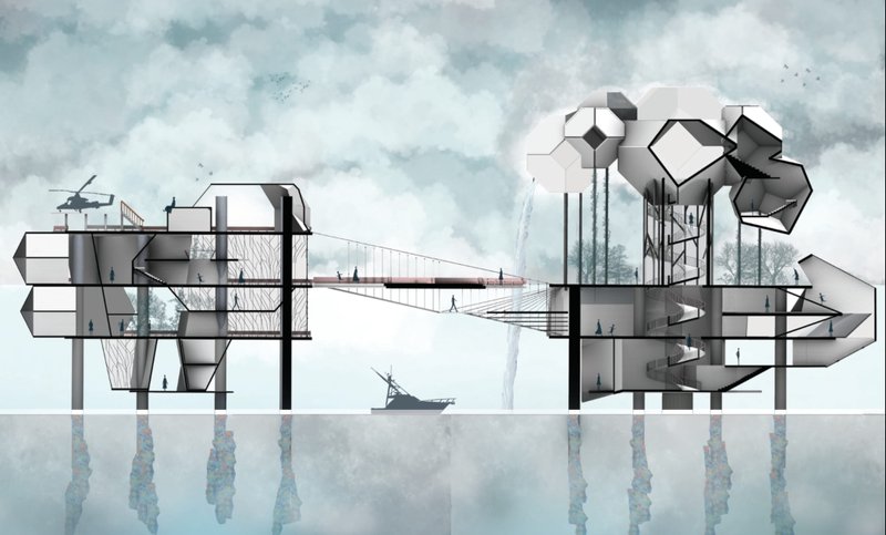 A sectional view revealing interconnected spaces, elevated platforms, and a bridge linking the island's key functions.