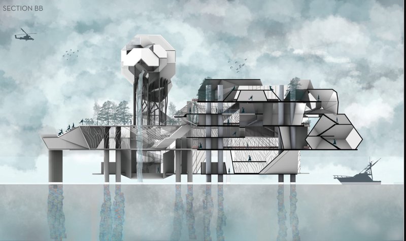 The building's layered program integrates gardens, cultural spaces, and observation areas above the sea.