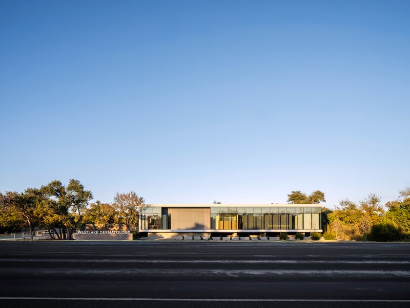 Street view of the horizontal facade showing vertical metal panels and glazing with mature trees beyond