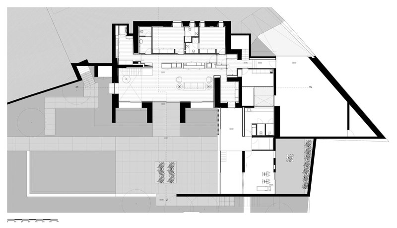 Floor plan drawing showing bedroom wings extending from a central circulation core with terrace access