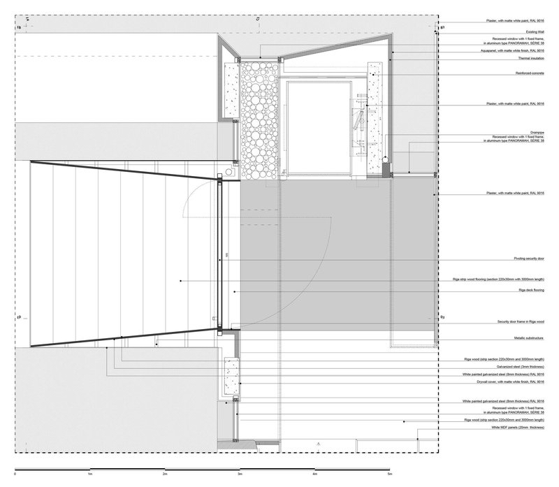 Section detail drawing showing the connection between a sloped roof and a wall with stone infill