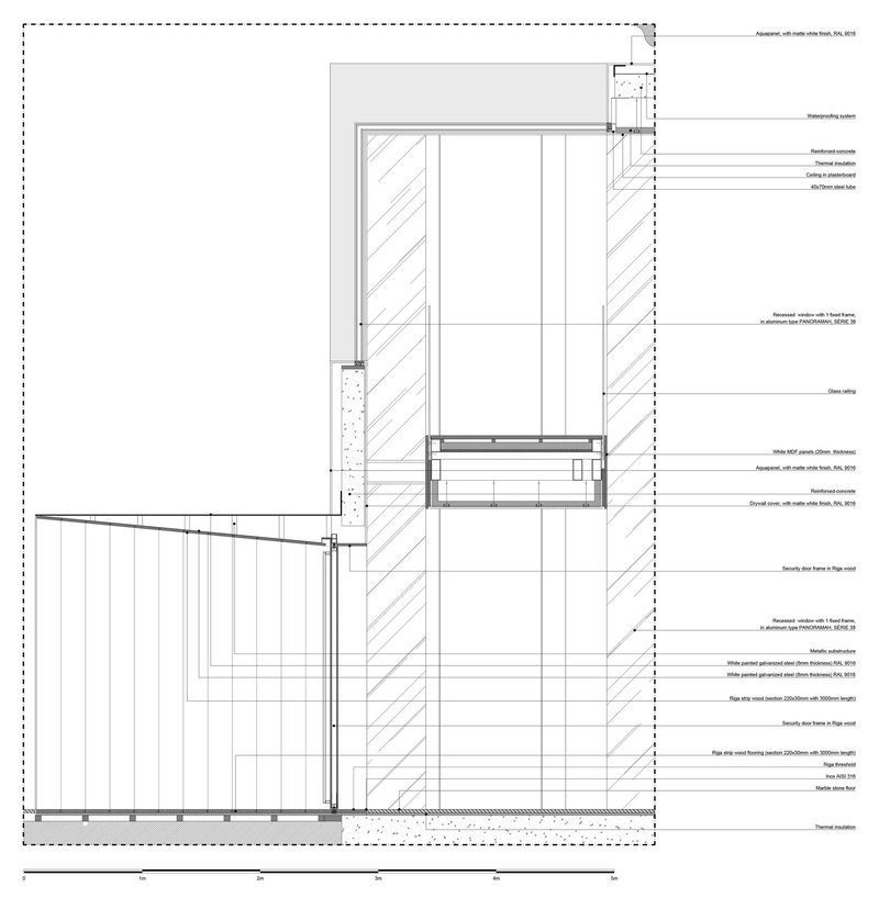Section drawing showing the junction between an interior space and exterior deck with timber slat flooring