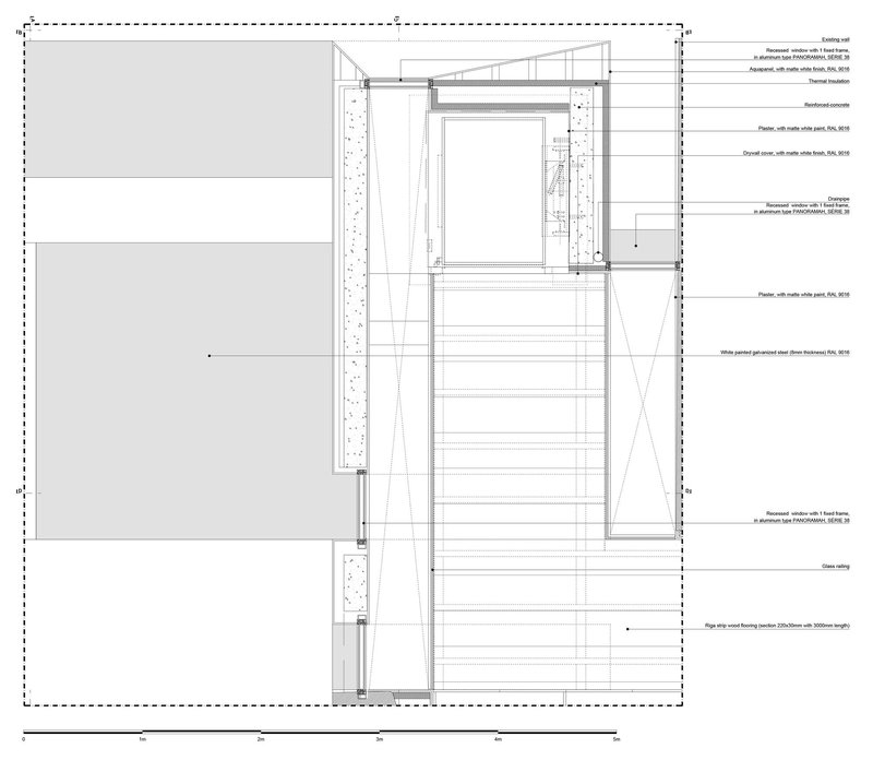 Section drawing detailing a multi-story opening with reinforced concrete walls and glazed openings