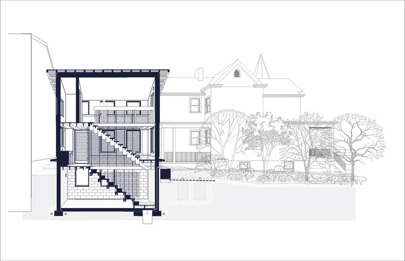 Section drawing through the new addition showing vertical circulation and connection to existing house beyond
