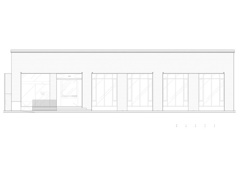 Elevation drawing showing storefront facade with recessed entry and four tall window bays