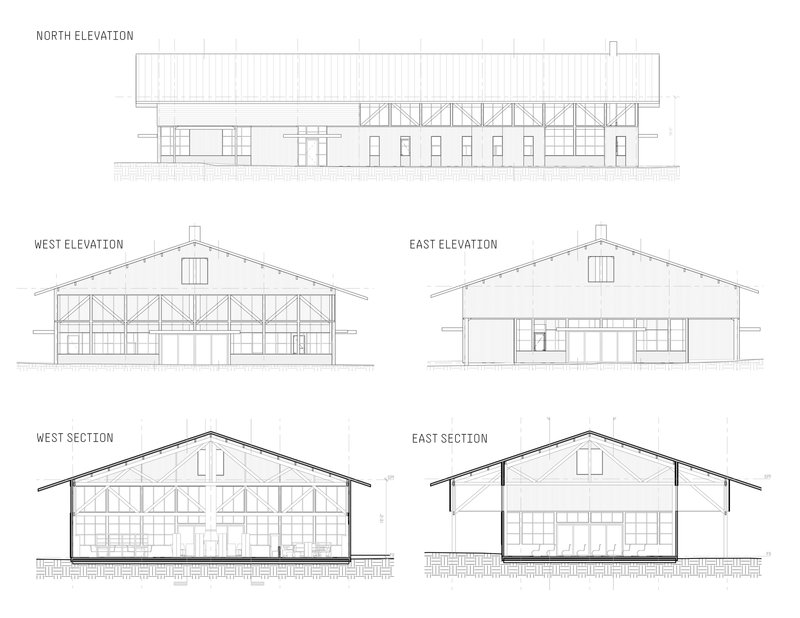 Elevation and section drawings showing the gabled roof structure with exposed trusses and clerestory windows