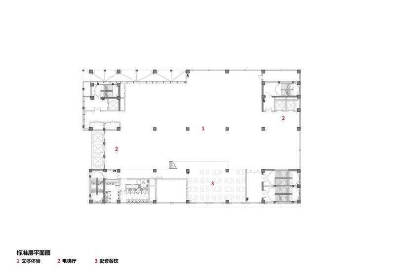 Typical floor plan drawing showing an open rectangular space with corner service cores and central seating area