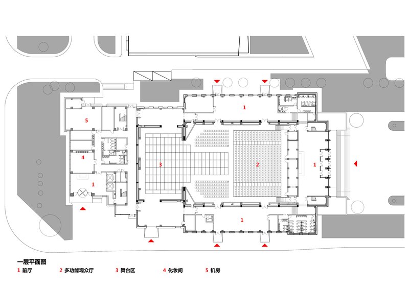 First floor plan drawing showing a large central hall flanked by auxiliary spaces and courtyards