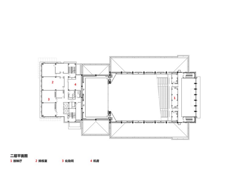 Second floor plan drawing showing a large open volume over the central hall with service spaces to the side