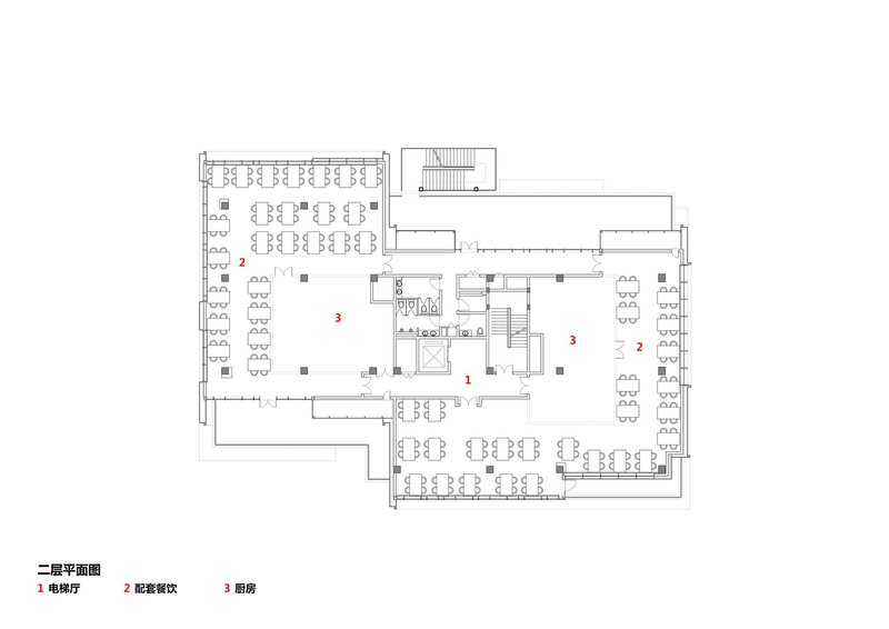 Third floor plan drawing showing dining spaces with seating arrangements around a central core