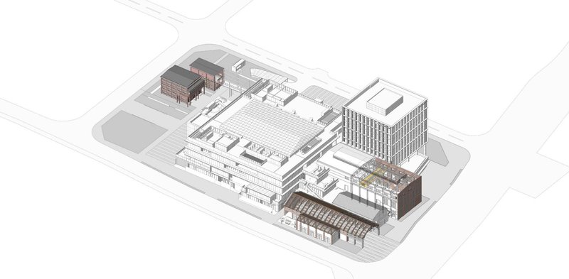 Axonometric drawing showing the massing of multiple buildings with gridded roofs and a tower element
