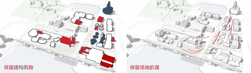 Two axonometric diagrams highlighting preserved structures in red and site topography in pink