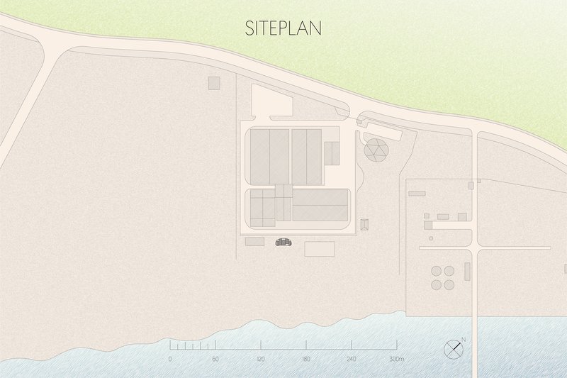 Site plan drawing showing building footprints arranged along a waterfront with surrounding roads and landscape