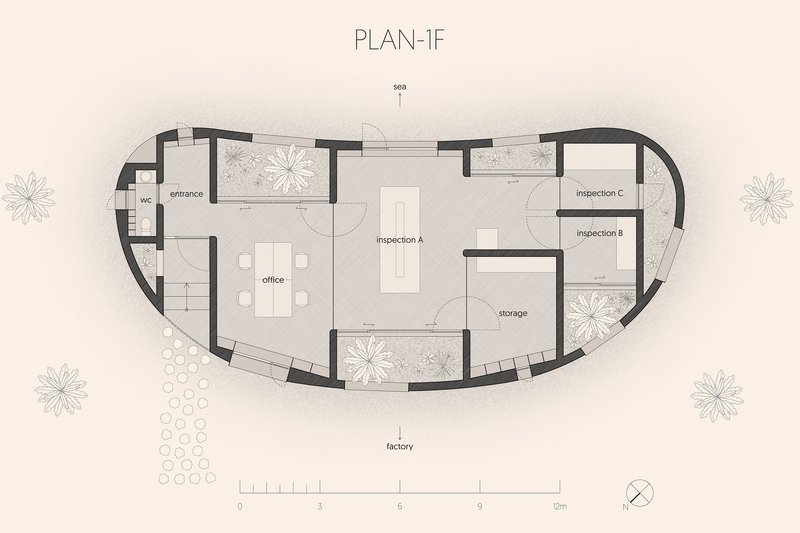 Floor plan drawing of a curved building with entrance, office, inspection rooms and storage spaces