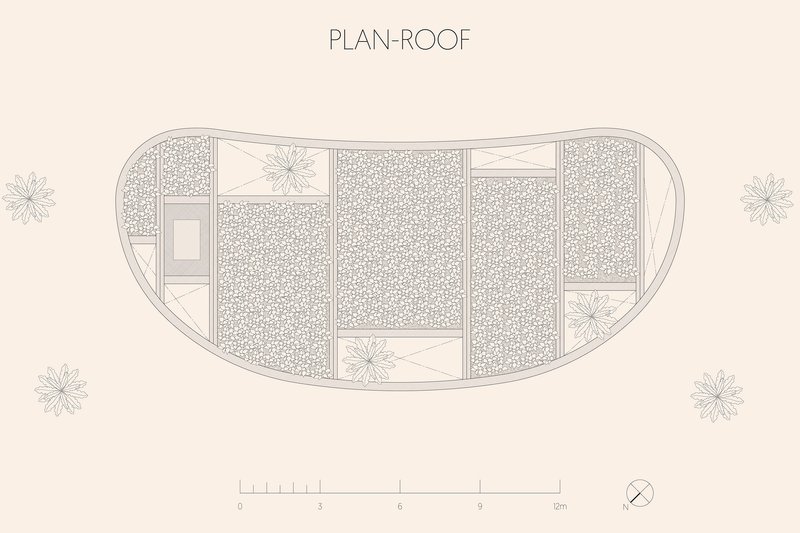 Roof plan drawing showing curved perimeter with planted sections and structural grid pattern